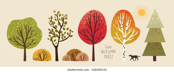 autumn trees, set of vector illustrations of cute trees and shrubs: oak, birch, aspen, linden, fir, sun and dog