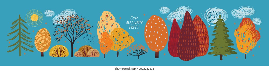 Autumn trees, set of vector illustrations of cute trees and shrubs: oak, birch, aspen, linden, fir and sun 