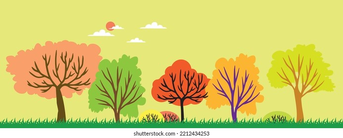  autumn trees, set of vector illustrations of cute trees and shrubs: oak, birch, aspen, linden, fir, sun and dog