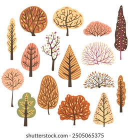 Árboles de otoño, conjunto de Ilustraciones vectoriales de árboles y arbustos lindos.