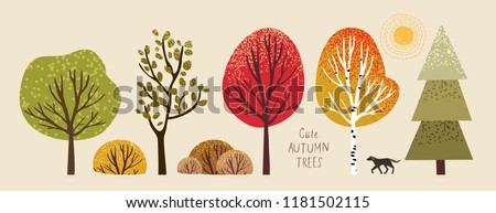 autumn trees, set of vector illustrations of cute trees and shrubs: oak, birch, aspen, linden, fir, sun and dog 商業照片 © 