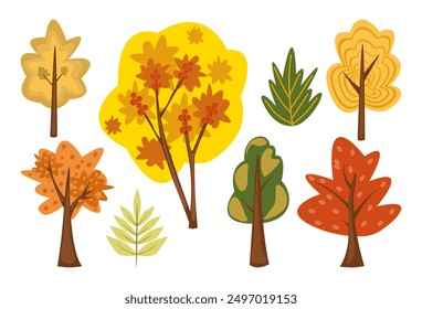 Autumn trees set with yellow, orange and green leaves. Magical autumn trees and bushes. Rowan berries. Illustration for children. Vector illustration