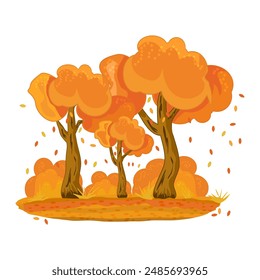 Autumn trees with shrubs isolated on white background. Trees and falling leaves in orange tones. Autumnal season golden garden or fall forest tree foliage.Autumn weather and nature.Vector illustration