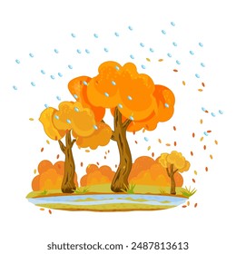 Autumn trees, shrubs and rain on white background.. Yellow and red leaves falling downwind.Autumnal season golden garden or fall forest tree foliage.Autumn weather and nature.Stock vector illustration