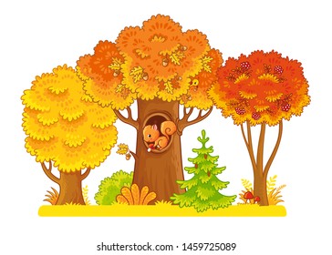 Autumn trees stand on a white background with a squirrel in the hollow. Vector illustration on the autumn theme in cartoon style.