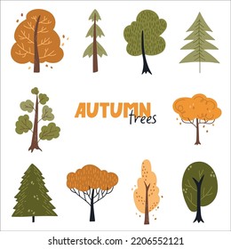 Autumn trees stickers set. Vector warm and cozy hygge collection of autumn stickers and illustrations in cartoon style.