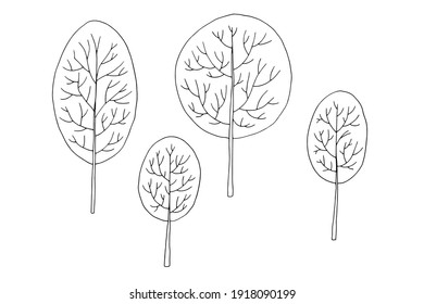 Autumn trees. Vector hand-drawn doodle illustration. Black and white outline. Coloring book for children.