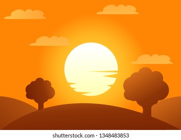 autumn trees vector illustration with sundown