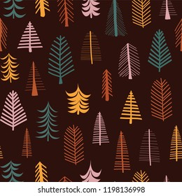 Autumn trees vector seamless pattern repeat tile. Hand drawn fall doodle tree. Seasonal Scandinavian backdrop for Thanksgiving, fabrics, paper, gift wrap, card, web banner, invitation, pagefill, decor