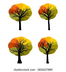 Autumn trees vector set. Abstract autumnal tree collection. Cartoon illustration isolated on white background. Set of modern clip-art element. Colourful seasonal drawing. Eps 10 icon design.