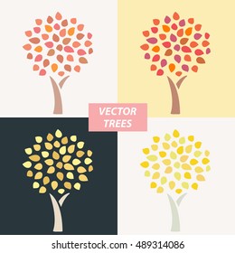 Autumn Trees vector set. Fall symbols. Colorful leaves. Pink and Yellow foliage.