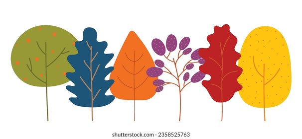 Autumn trees. Vector set of flat autumn trees, forest. Collection elements, various red, orange trees. Nature design flat icon of forest. Simple illustration. Minimal cute nature icons.