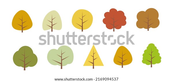 Autumn trees. Vector set of flat autumn trees,\
forest. Collection elements, various red, orange trees. Nature\
design flat icon of forest. Simple illustration. Minimal cute\
nature icons.