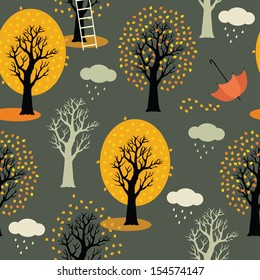 Autumn trees with yellow leaves, clouds and rain. Gray background