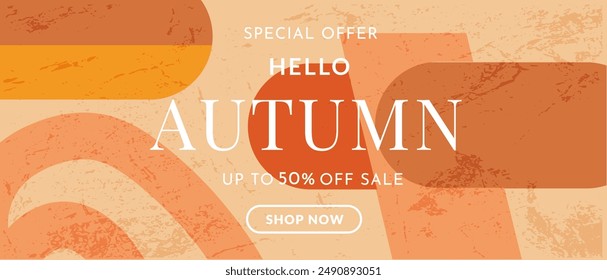 Autumn. Trendy Abstract Geometric Design in Retro Style from the 80s-90s. Modern Background Patterns for Advertising, Web, Social Media, Posters, Banners, Covers. Sale Offer 50%. Vector Illustration.