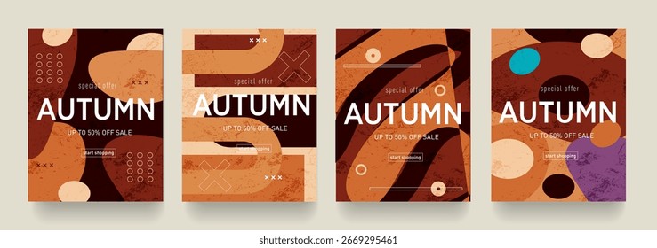 Autumn. Trendy Abstract Gradient Design in Retro Style from the 80s-90s. Modern Geometric Background Patterns for Advertising, Web, Social Media, Posters, Banners, Covers. Sale Offer 50%.