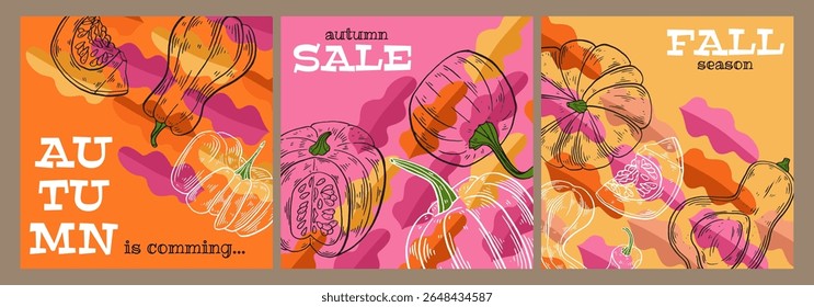 Autumn trendy cover, poster, banner, background template set. Creative Promotion cards with Autumn leaves and hand drawn Pumpkins. Fall template for advertising, web, social media, print