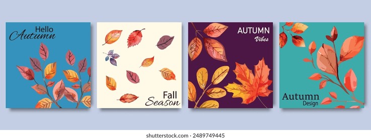 Autumn trendy minimalist design poster set with bright abstract leaves. Seasonal Greeting Cards with Colorful Foliage for Fall Decorations, Invitations, and Social Media Posts