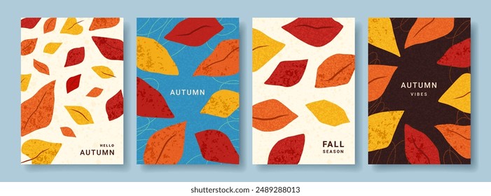 Autumn trendy minimalist posters with bright abstract leaves. Fall background, cover, banner, poster, card, flyer. Creative design templates for ads, web, label, branding, social media.