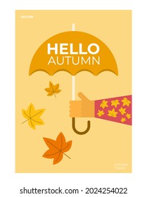 Autumn trendy minimalistic poster, banner, cover and background. Hello autumn vector illustration collection. Background for sale. Hand with umbrella.