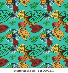 Autumn trendy multicolor pattern of leaves and mushroom with creative hand drawn multicolor background.