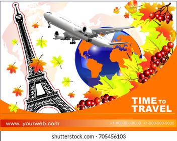 Autumn trip to France. Time to travel. The business card, poster, sticker, ticket for travel agencies, firms for the sale of tours and trips.Travel by plane to Paris.Eiffel Tower.  