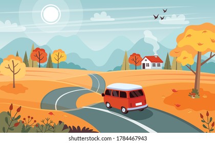 Autumn trip. Landscape with a cute van on the road. Vector illustration in flat style