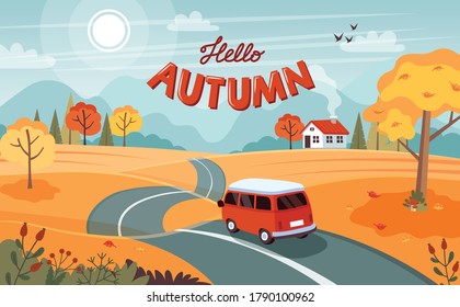 Autumn trip. Landscape with a cute van on the road. Vector illustration in flat style