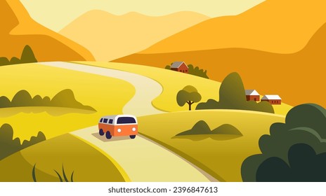 Autumn Trip. Mountain Autumn Road Landscape with a Cute Van. Highway in Valley through Meadow and Trees. Vector Illustration in Flat Style.