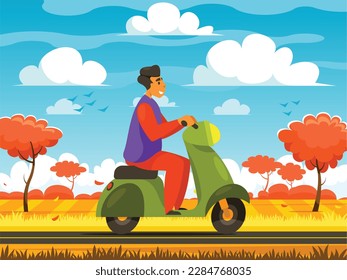 Autumn trip on a motor scooter. Man rides amotorcycle along a path that runs through a orange field. Rural landscape with field and grass in autumn. Rural road on the background of an field. Vector