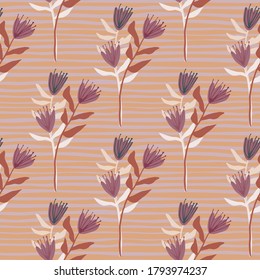 Autumn tulip bouquet sin fisuras. Siluetas de flores de color púrpura, fondo naranja despojado. Perfecto para papel pintado, textil, papel envolvente, impresión de tela. Ilustración vectorial.