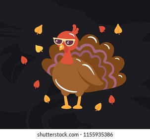 Autumn turkey illustration on blackboard background. Seasonal fall picture with really cool turkey in sunglasses surrounded by falling leaves. Concept for thanksgiving day or farm