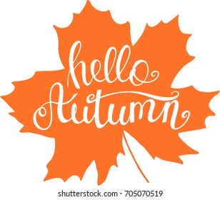 Autumn turned orange maple leaf falling, vector minimalistic design with bounce lettering calligraphy inscription hand written. Simple and laconic template for autumnal design, card, web post, print.