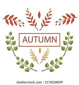 Autumn twigs with leaves of different colors in a flat style. Vector image.