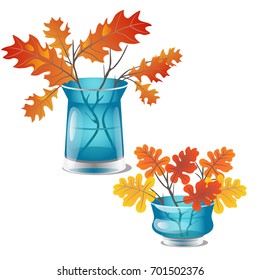 Autumn twigs with yellow oak leaves are in a transparent glass vase with water. Element of interior design on theme of golden autumn isolated on white background. Vector cartoon close-up illustration.