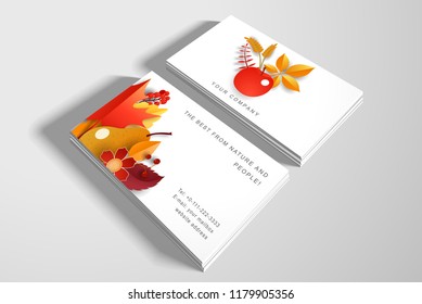 Autumn two business cards. Beautiful elements of leaves, fruits and berries. Paper art