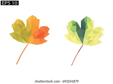 Autumn, two maple leaves in Low Poly style, nature, landscaping, green and yellow leaf on a white background.