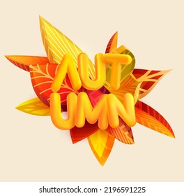 Diseño de afiches tipográficos de otoño. Hojas estacionales 3D y plantas con letras amarillas. Resumen de la composición realista del vector.