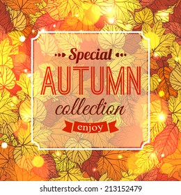  Autumn typographical background with foliage and blurred bokeh lights. Vector illustration.