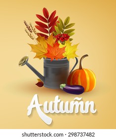 Autumn Typographical Background With autumn leaves and vegetables 