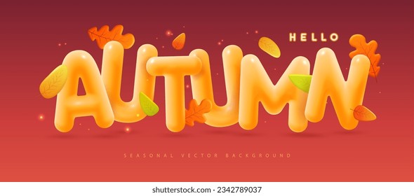 Autumn typography background with 3D letters and falling leaves. Vector illustration