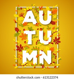 Autumn typography design with white paper cut text, abstract leaves on yellow background. Vector illustration. Colorful floral elements and thin square frame with shadow