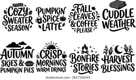 Autumn Typography Designs with Cozy Fall Quotes and Seasonal Icons for Harvest and Home Decor