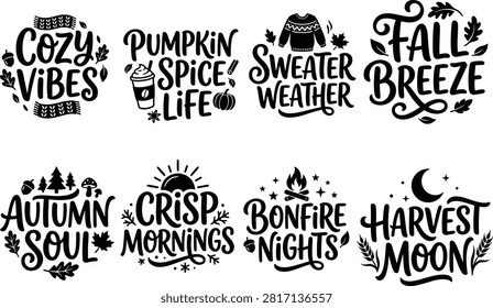 Autumn Typography Designs with Cozy Fall Quotes and Seasonal Icons for Harvest and Lifestyle Decor