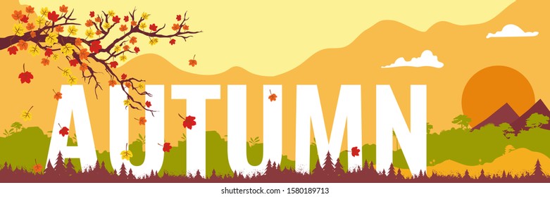 Autumn typography with autumn landscape and falling leaves, with sunset and clouds on sky. Tree branch with autumn leaves. Web banner for autumn concept. Vector illustration