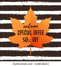Autumn typography poster Special Offer 50 off with colorful leaves in flat style. Vector illustration, text for sale shopping tags, invitations. Seasonal frame, border for sale, web banner template