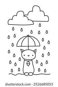 Ilustração de desenho de linha de vetor de gato guarda-chuva de outono