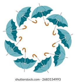 Autumn umbrella circle frame. Round border made of umbrellas. The umbrellas are arranged in a circle. Vector flat isolated on white background.