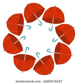 Autumn umbrella circle frame. Round border made of umbrellas. The umbrellas are arranged in a circle. Vector flat isolated on white background.