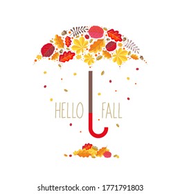 Autumn umbrella made of chestnut, hazel, maple, oak leaves. Hello fall greeting. Vector,white background.